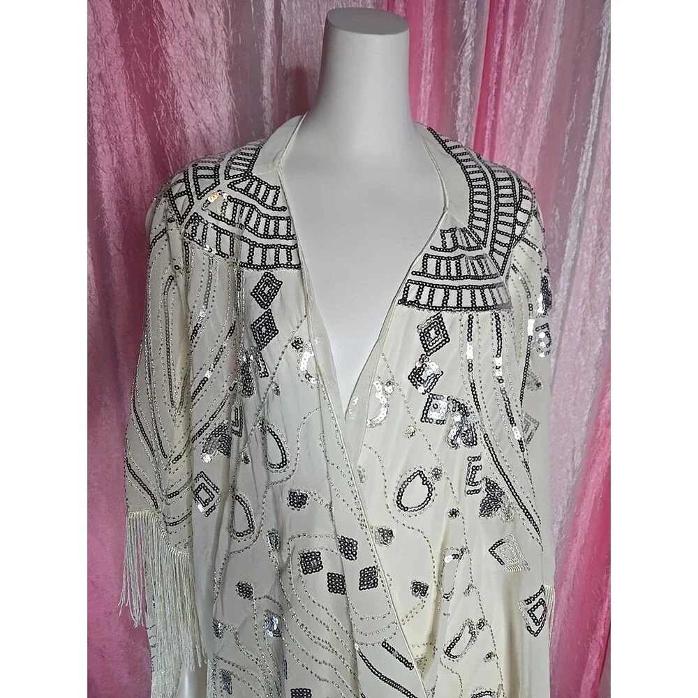 Anna Kaci Exquisite White Sequin Fringe Statement Shawl Wrap One Size